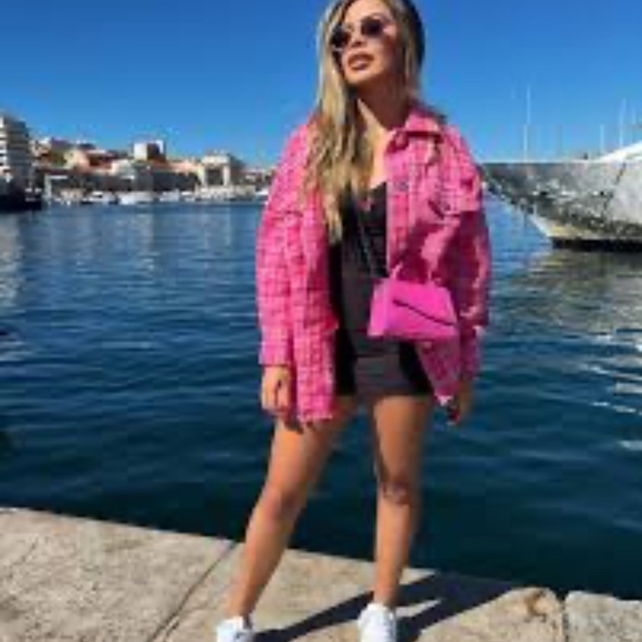 Zara Tweed Textured Woven Plaid Frayed Overshirt Shacket Shirt Jacket Pink S - Picture 14 of 16